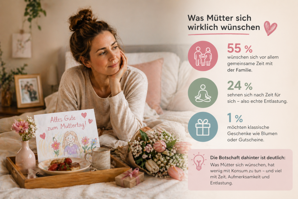Mutter sitzt nachdenklich mit Frühstück im Bett, daneben Blumen und selbstgemaltes Bild; Infografik zeigt Wünsche von Müttern zum Muttertag.
