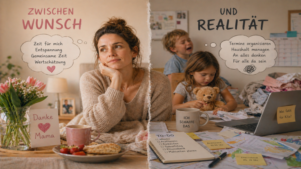 Geteilte Szene zeigt Mutter zwischen Ruhe und Alltagsstress: links entspannt mit Blumen und Frühstück, rechts mit Kindern, To-do-Listen und Chaos.