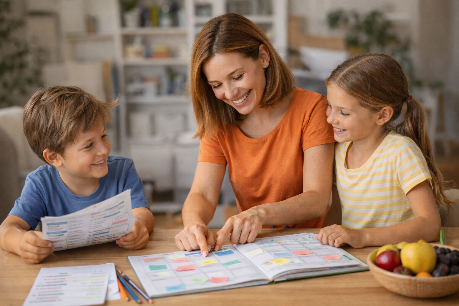 Mutter sitzt mit Kindern am Tisch und plant die Woche