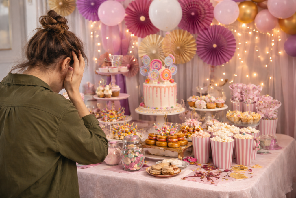 Gestresste Mutter vor aufwendig dekorierter Kindergeburtstags-Party mit vielen Süßigkeiten und aufwendigem Setup