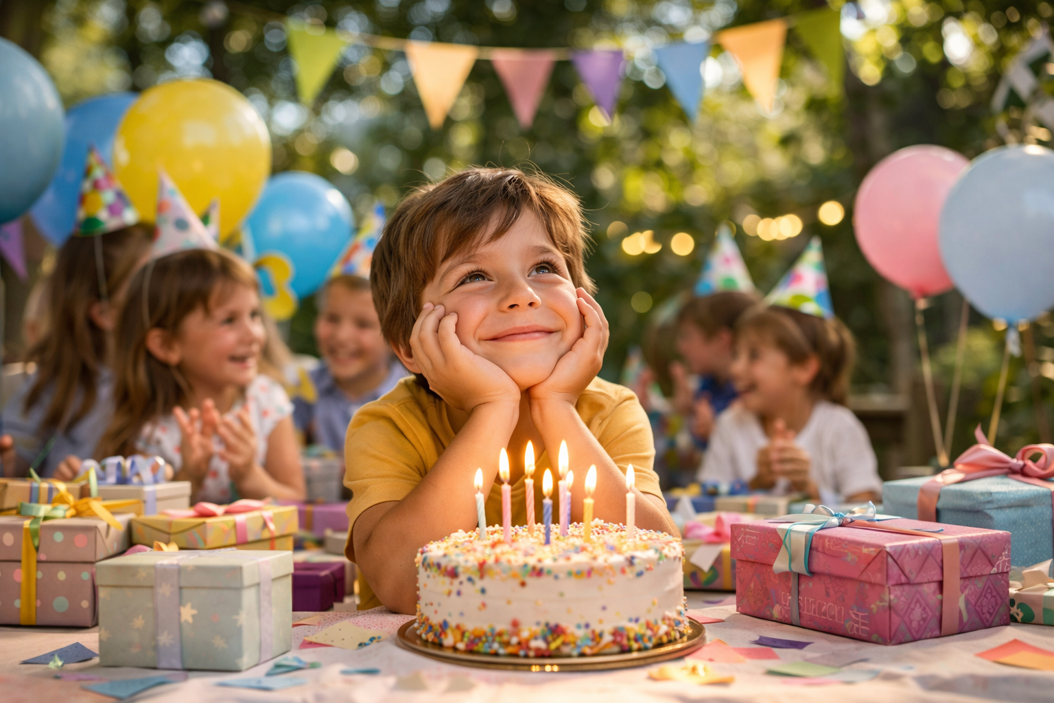 Glückliches Kind mit Geburtstagskuchen und Kerzen bei fröhlicher Kindergeburtstagsfeier im Garten
