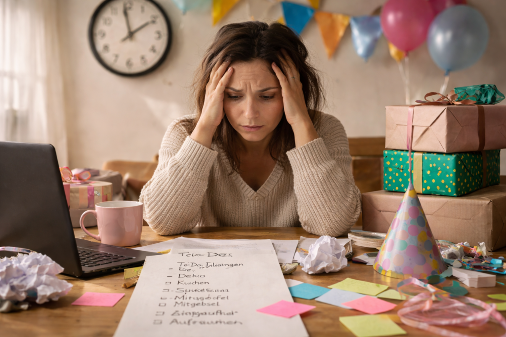 Gestresste Mutter plant Kindergeburtstag am Tisch mit To-do-Liste, Laptop und Dekoartikeln