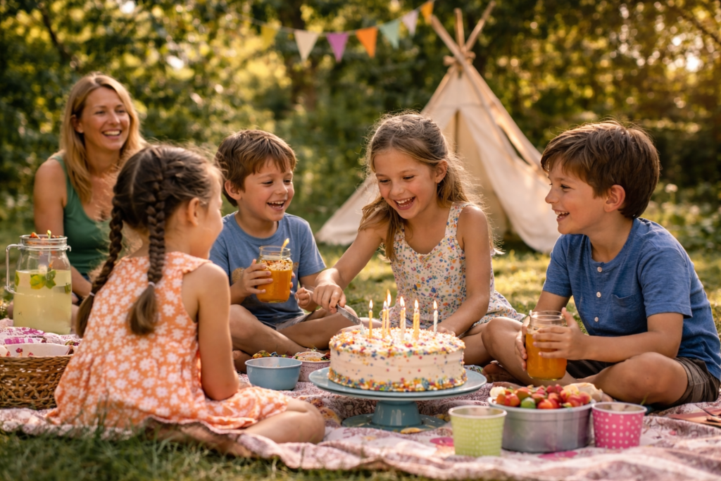 Kinder feiern entspannten Geburtstag im Garten mit Kuchen, Getränken und Picknickdecke