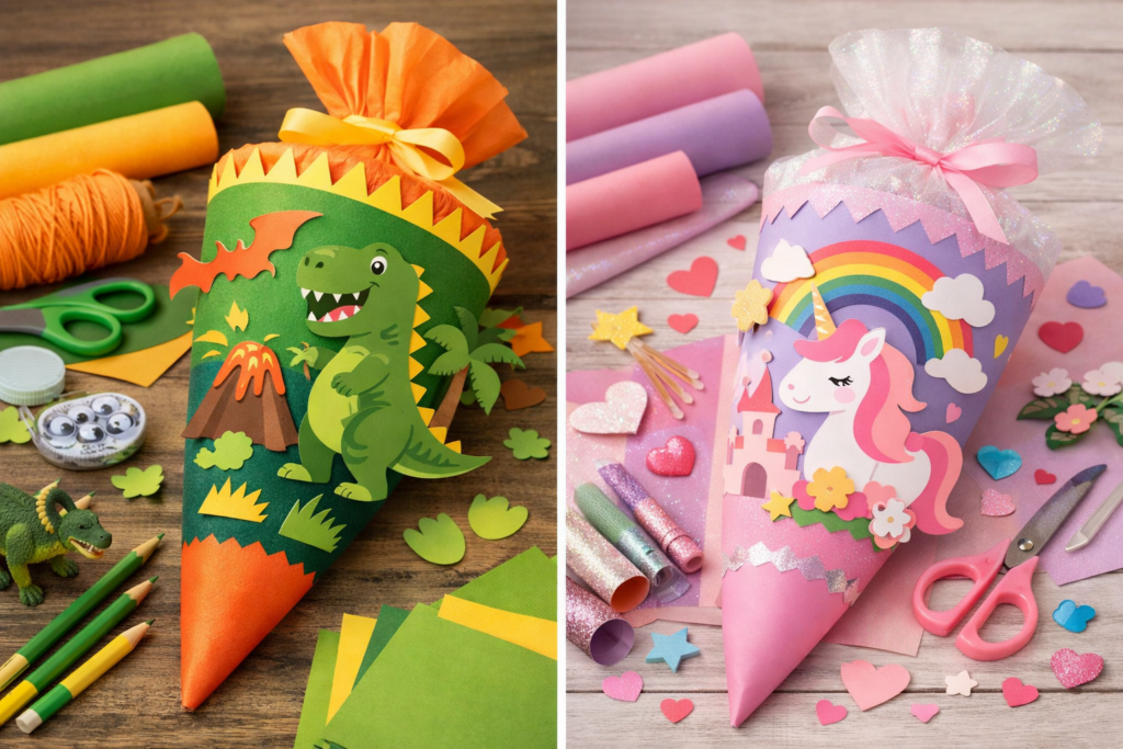 DIY Schultüten mit Dino- und Einhorn-Motiv