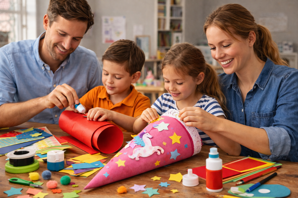 Familie bastelt gemeinsam eine Schultüte