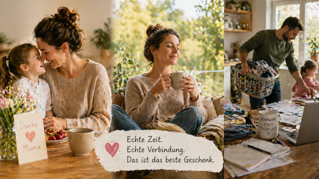 Dreigeteiltes Bild zeigt Mutter mit Kind, entspannte Me-Time und Vater im Alltag mit Haushalt und Kind – Symbol für Zeit, Entlastung und Familienleben.