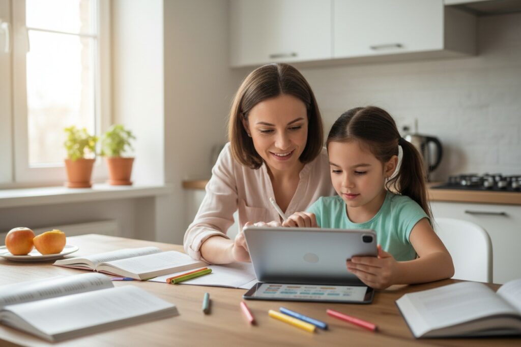 Mutter mit Ihrer Tochter, die gemeinsam am Tisch sitzen und mit einem Tablet lernen
