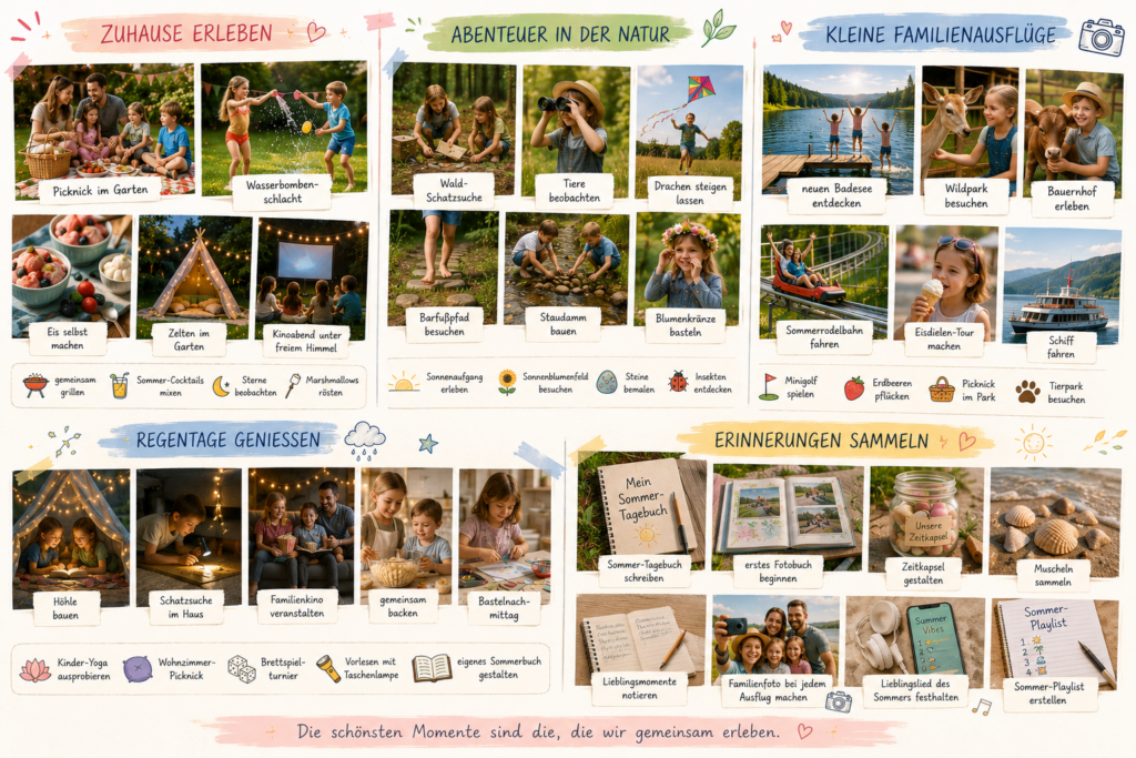 Bunte Sommer-Collage mit verschiedenen Familienaktivitäten für die Sommerferien. Zu sehen sind unter anderem ein Picknick im Garten, eine Wasserbombenschlacht, eine Wald-Schatzsuche, Drachensteigen, ein Ausflug zum Badesee, ein Bauernhofbesuch, gemeinsames Backen, Basteln, Muschelsammeln und das Gestalten eines Sommer-Tagebuchs.