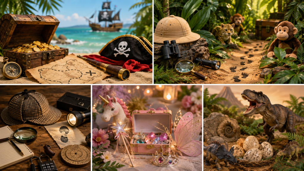 Verschiedene Themenwelten für eine Schatzsuche auf dem Kindergeburtstag: Piratenschatz mit Goldmünzen, Dschungel-Expedition, Detektivausrüstung, magische Feenwelt mit Einhorn und ein Dino-Abenteuer mit Dinosaurier-Eiern.