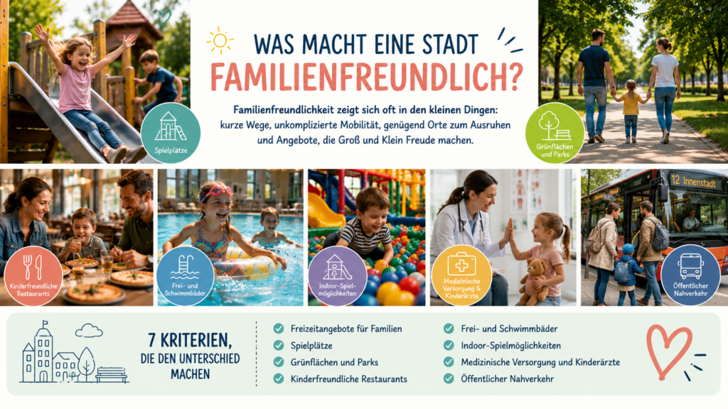 Illustration mit Familien in Parks, auf Spielplätzen, in Restaurants, Schwimmbädern und öffentlichen Verkehrsmitteln, die zeigt, welche Faktoren eine Stadt familienfreundlich machen.