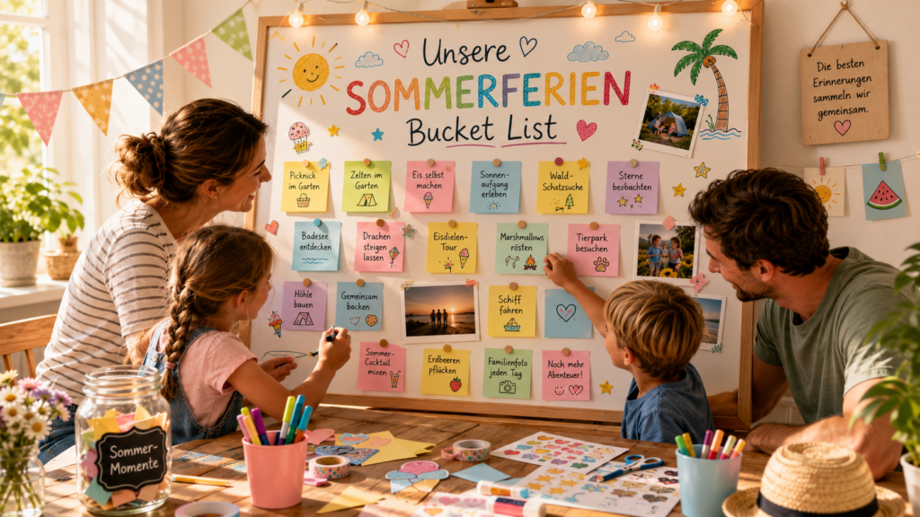 Eine vierköpfige Familie gestaltet gemeinsam eine bunte Sommerferien-Bucket-List an einer großen Pinnwand. Kinder und Eltern befestigen farbenfrohe Karten, Zeichnungen und Erinnerungsfotos und planen kreative Aktivitäten für die Ferien in einer gemütlichen, sommerlich dekorierten Umgebung.
