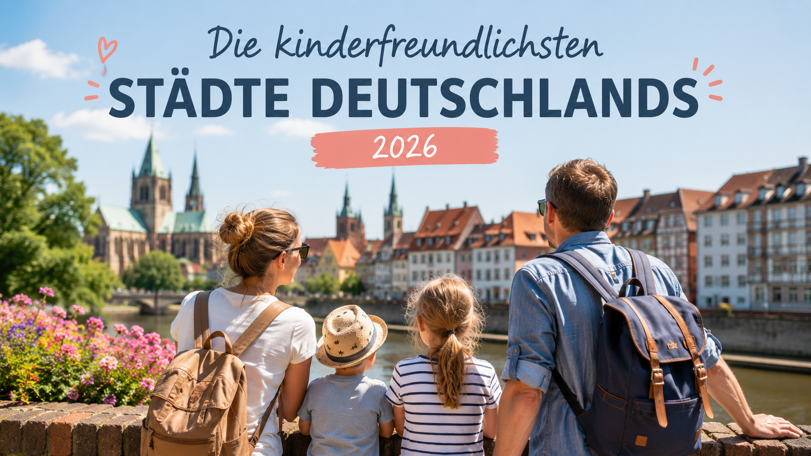 Vierköpfige Familie genießt einen sonnigen Tag in einer historischen deutschen Altstadt mit Flussufer, Brücke und familienfreundlicher Atmosphäre.