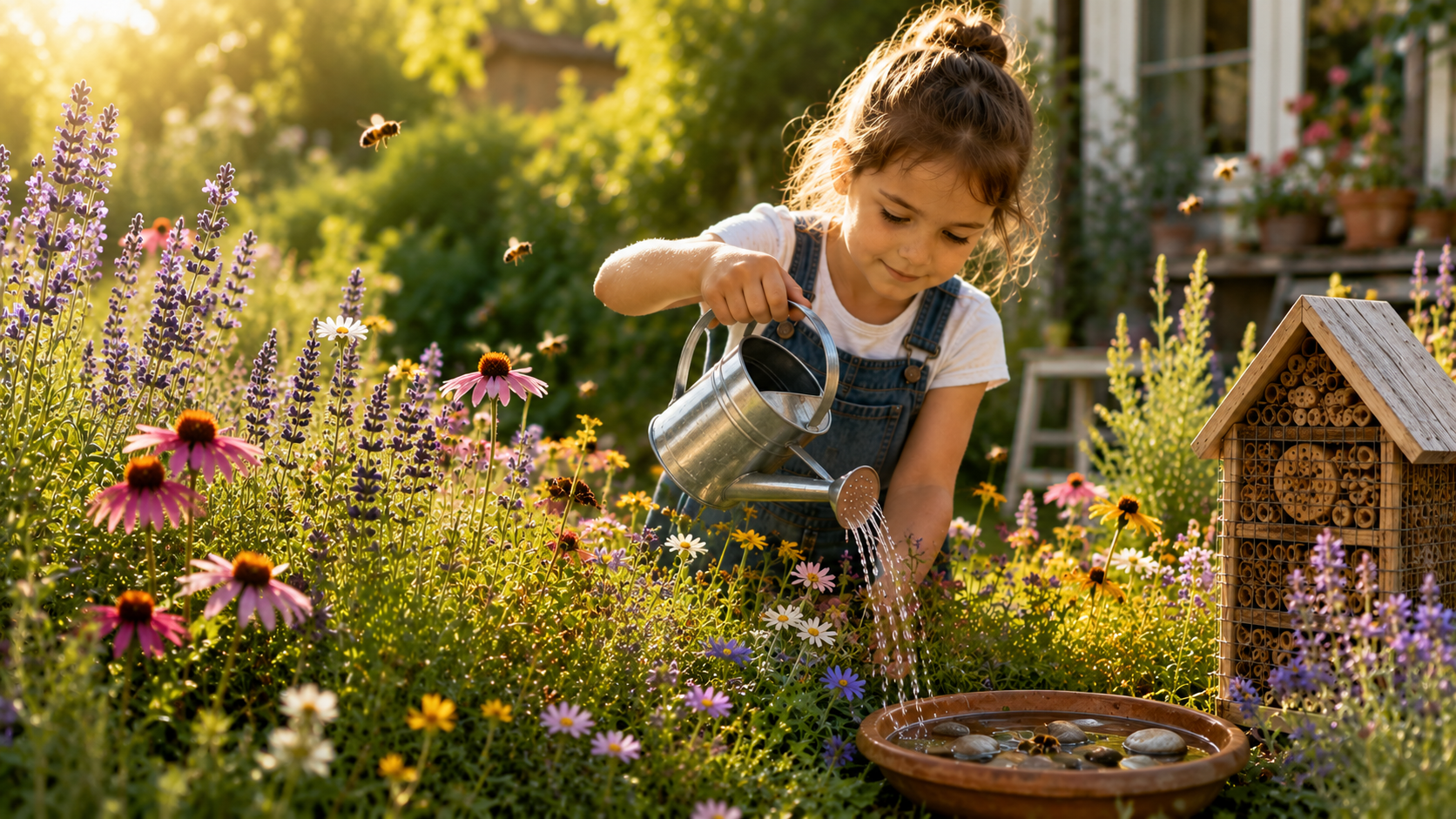 Ein Mädchen gießt an einem sonnigen Sommertag bunte Wildblumen in einem bienenfreundlichen Garten. Zwischen Lavendel, Sonnenhut und weiteren Blüten fliegen Bienen, während ein Insektenhotel und eine flache Wasserstelle den naturnah gestalteten Familiengarten ergänzen.