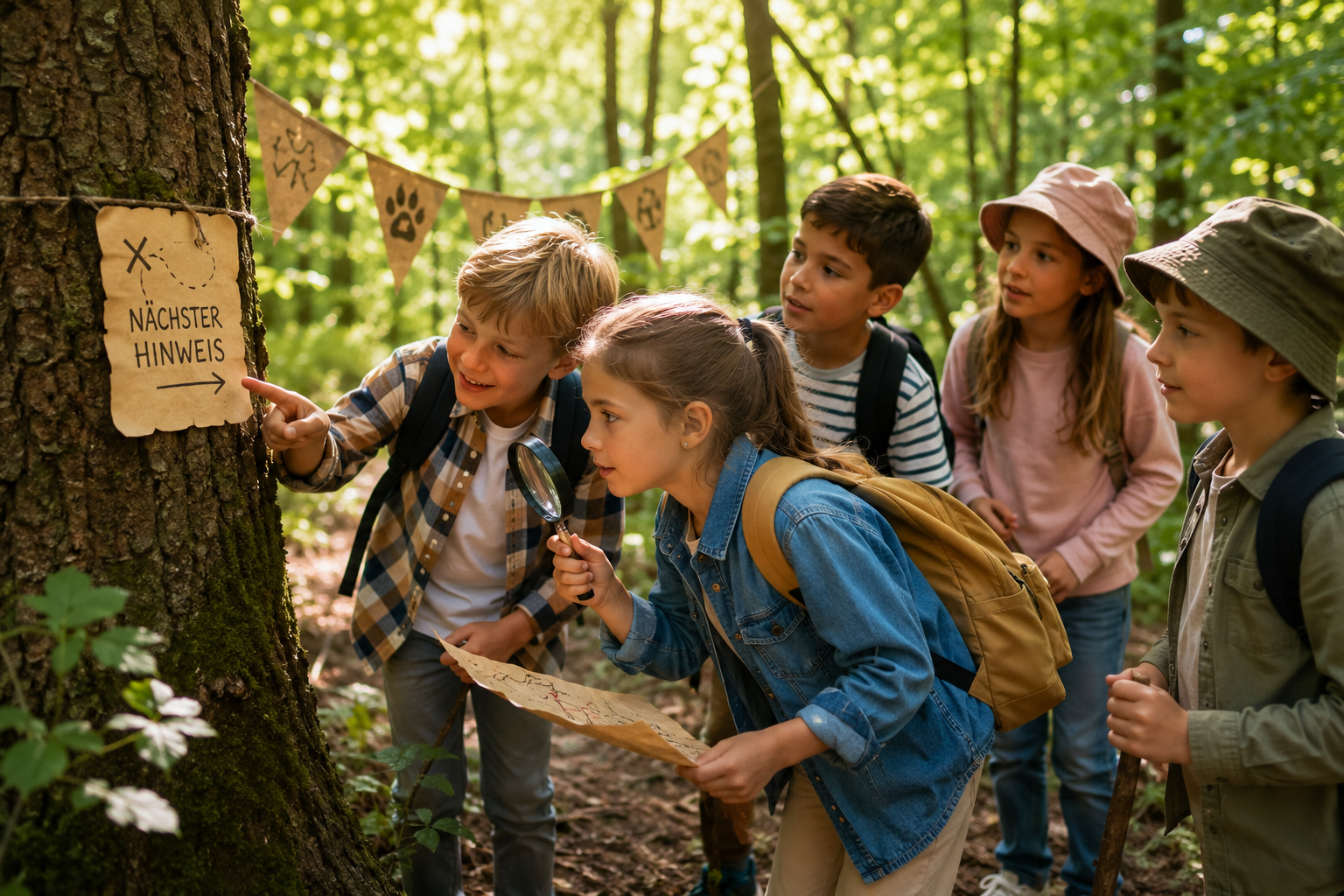 Eine Gruppe von Kindern steht im Wald und untersucht gemeinsam einen Hinweis an einem Baum. Mit Schatzkarte und Lupe machen sie sich auf die Suche nach dem nächsten Hinweis ihrer Schnitzeljagd.