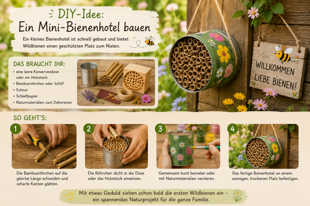 Illustrierte DIY-Anleitung zum Bau eines Mini-Bienenhotels. Die Schritt-für-Schritt-Grafik zeigt die benötigten Materialien wie Konservendose, Bambusröhrchen, Schnur und Schleifpapier sowie die einzelnen Arbeitsschritte: Bambusröhrchen zuschneiden, in die Dose einsetzen, die Dose bunt bemalen und das fertige Bienenhotel an einem sonnigen Platz aufhängen.