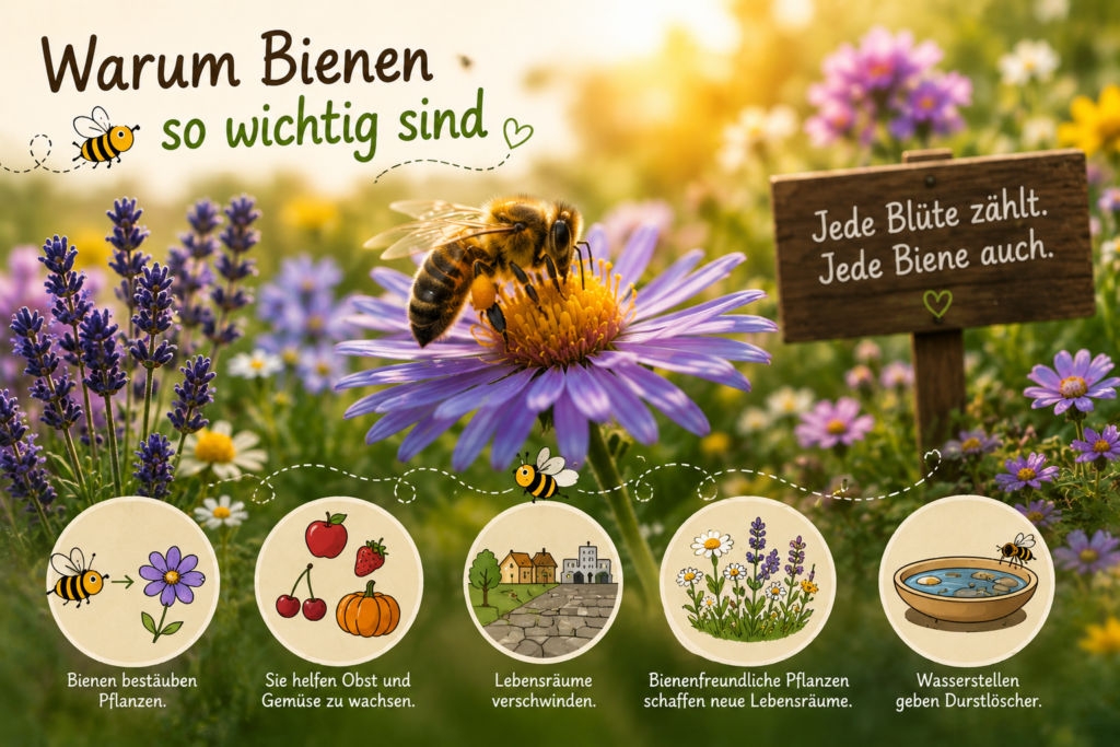 Illustrative Grafik mit einer Biene auf einer lila Blüte inmitten einer blühenden Wildblumenwiese. Ergänzende Symbole zeigen die Bedeutung der Bienen für die Bestäubung von Pflanzen, das Wachstum von Obst und Gemüse, den Erhalt von Lebensräumen sowie die Unterstützung durch bienenfreundliche Pflanzen und Wasserstellen.