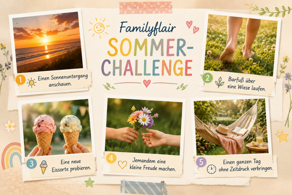 Illustrative Sommer-Collage mit fünf Familien-Challenges für die Ferien. Zu sehen sind ein Sonnenuntergang am Meer, barfüßige Kinder auf einer Wiese, zwei Eiswaffeln, ein Kind, das Blumen verschenkt, sowie eine entspannte Hängematte im Garten – als Inspiration für gemeinsame Sommermomente.