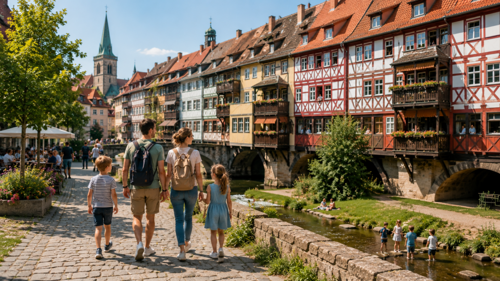 Familie mit zwei Kindern spaziert an einem sonnigen Tag entlang der historischen Krämerbrücke in Erfurt. Fachwerkhäuser, Wasserläufe und die Altstadt schaffen eine gemütliche Atmosphäre.