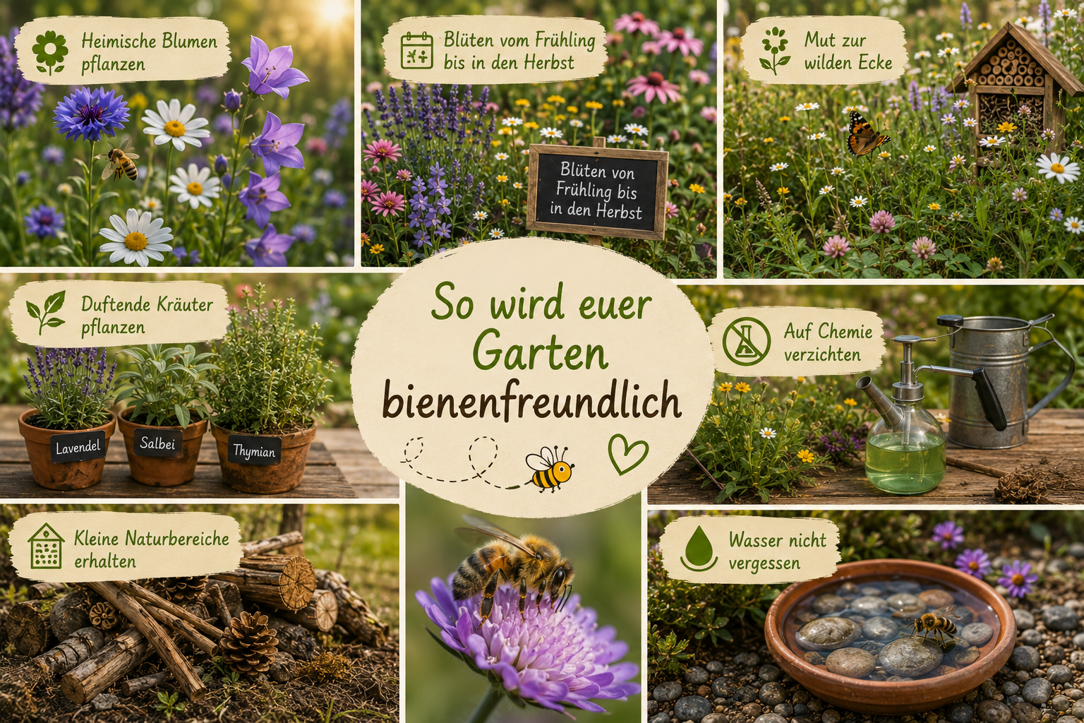 Collage mit verschiedenen Ideen für einen bienenfreundlichen Garten. Zu sehen sind heimische Wildblumen, blühende Stauden über mehrere Jahreszeiten, eine naturnahe Gartenecke, duftende Kräuter wie Lavendel, Salbei und Thymian, eine natürliche Gartenpflege ohne chemische Pflanzenschutzmittel, ein Totholzbereich als Lebensraum für Insekten sowie eine flache Wasserstelle mit Steinen, an der eine Biene trinkt.