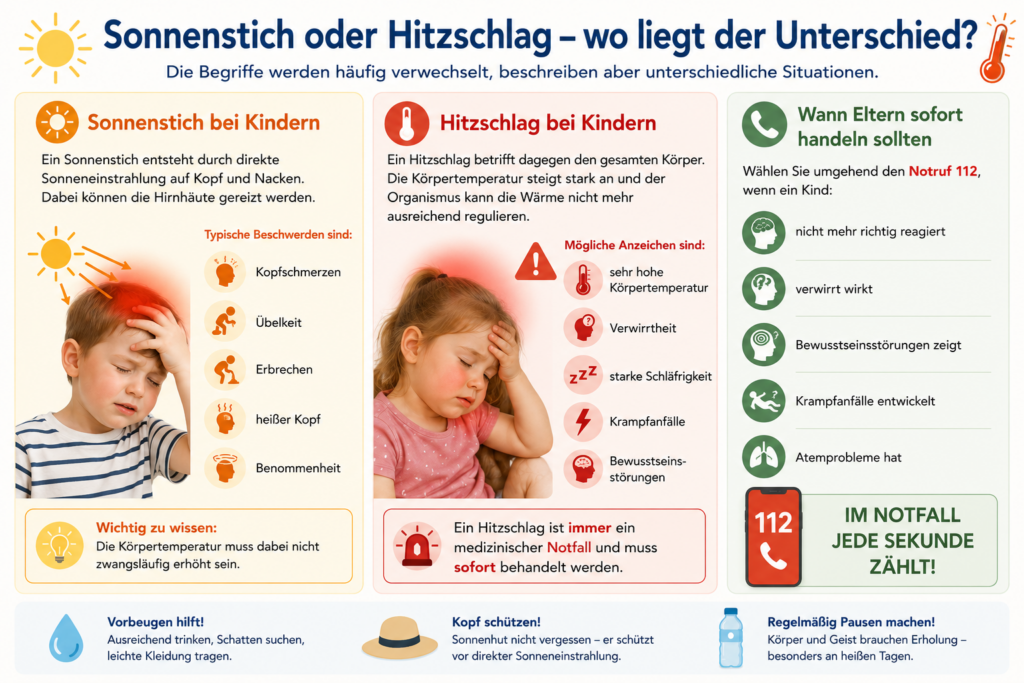 Infografik zum Unterschied zwischen Sonnenstich und Hitzschlag bei Kindern. Die Grafik erklärt typische Symptome, zeigt Warnzeichen einer Überhitzung und informiert darüber, wann Eltern sofort medizinische Hilfe rufen sollten.