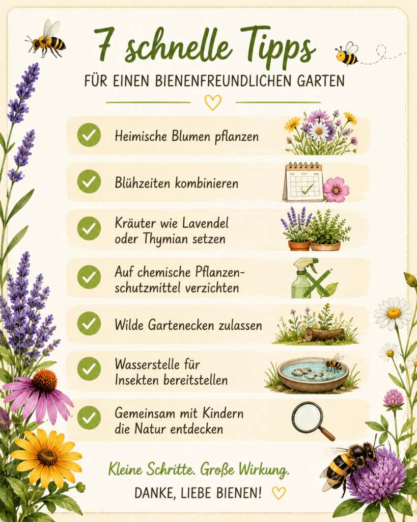Illustrierter Infokasten mit sieben leicht umsetzbaren Tipps für einen bienenfreundlichen Garten. Die Übersicht zeigt Empfehlungen wie heimische Blumen pflanzen, Blühzeiten kombinieren, Kräuter setzen, auf chemische Pflanzenschutzmittel verzichten, wilde Gartenecken zulassen, eine Wasserstelle für Insekten bereitstellen und gemeinsam mit Kindern die Natur entdecken. Blumenelemente, Bienen und kleine Illustrationen ergänzen das freundliche Design.