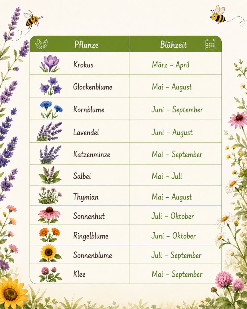 Illustrative Tabelle mit bienenfreundlichen Pflanzen und ihren Blühzeiten. Aufgelistet sind Krokus, Glockenblume, Kornblume, Lavendel, Katzenminze, Salbei, Thymian, Sonnenhut, Ringelblume, Sonnenblume und Klee. Die Übersicht ist mit floralen Illustrationen und kleinen Bienen dekoriert und zeigt die jeweiligen Blühzeiträume von März bis Oktober.