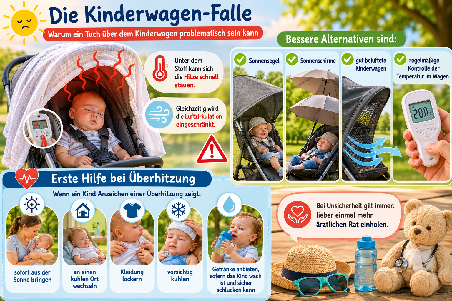 Infografik zum Hitzeschutz für Babys und Kleinkinder im Sommer. Sie zeigt, warum ein Tuch über dem Kinderwagen zu einem Hitzestau führen kann, welche sicheren Alternativen es gibt und welche Erste-Hilfe-Maßnahmen bei Überhitzung empfohlen werden.