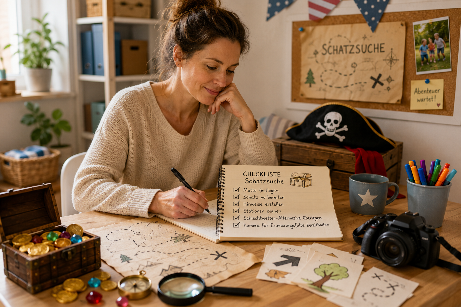 Eine Mutter sitzt an einem Holztisch und plant eine Schatzsuche für einen Kindergeburtstag. Vor ihr liegen Schatzkarte, Hinweise, eine kleine Schatztruhe, eine Lupe und eine Checkliste für die Vorbereitung.