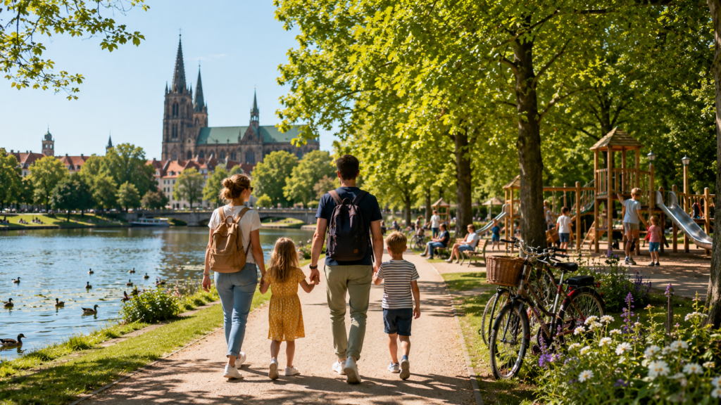 Familie mit zwei Kindern spaziert an einem sonnigen Tag entlang eines Parks am Wasser. Im Hintergrund sind Spielplätze, Fahrräder und historische Gebäude zu sehen.