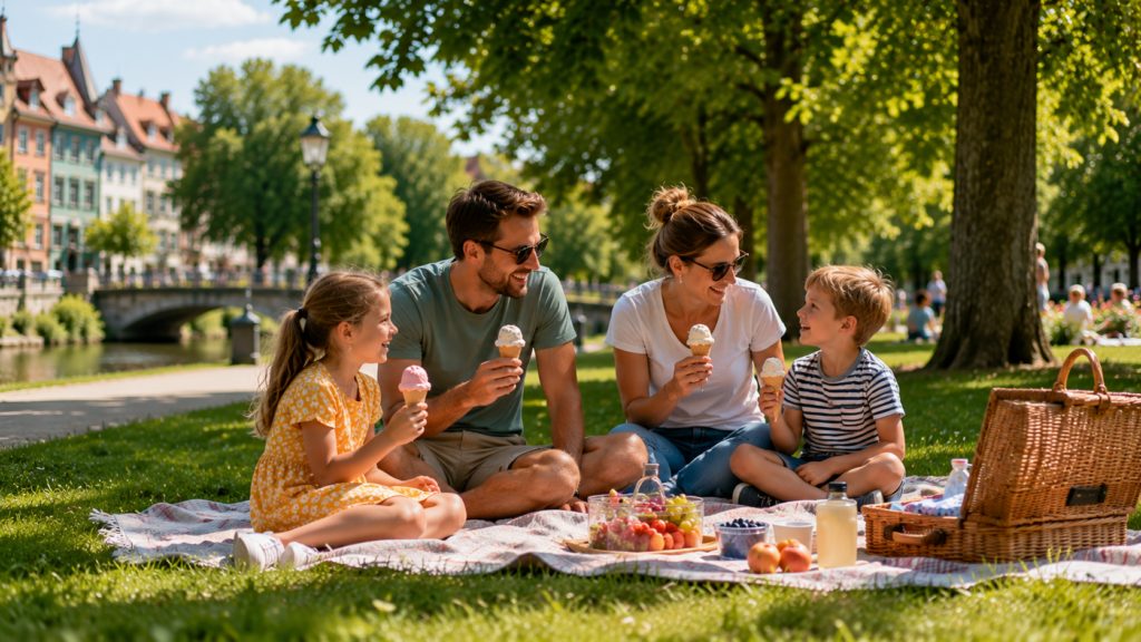 Vierköpfige Familie sitzt an einem sonnigen Tag auf einer Picknickdecke im Park, isst Eis und genießt gemeinsame Zeit im Grünen.
