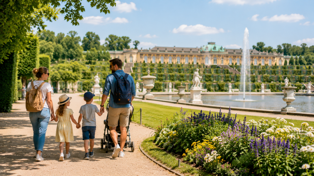 Familie mit Kindern spaziert an einem sonnigen Tag durch die weitläufigen Parkanlagen . Im Hintergrund sind historische Schlossanlagen, Springbrunnen und gepflegte Gärten zu sehen.
