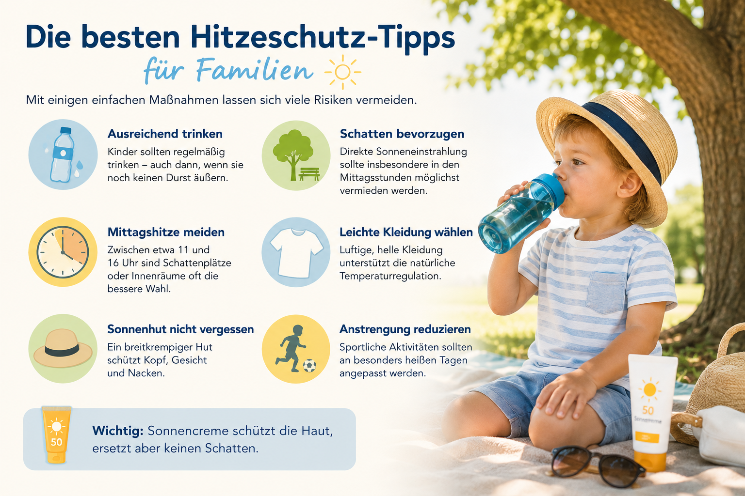 Ein Kind sitzt an einem warmen Sommertag im Schatten eines großen Baumes und trinkt Wasser aus einer Trinkflasche. Es trägt leichte Kleidung und einen Sonnenhut. Das Bild veranschaulicht wichtige Maßnahmen zum Hitzeschutz für Kinder im Sommer.