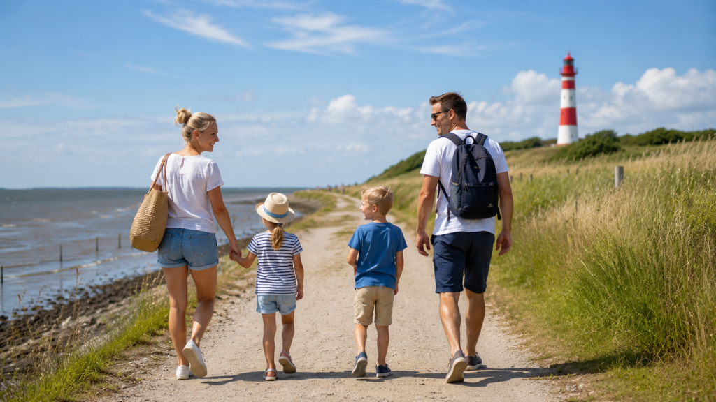 Vierköpfige Familie spaziert an einem sonnigen Sommertag entlang eines Küstenwegs an der Nordsee, umgeben von Dünen, Meerblick und weiter Landschaft.
