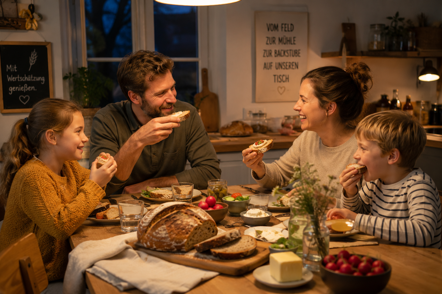 Eine vierköpfige Familie sitzt gemeinsam an einem gemütlich gedeckten Abendbrottisch und genießt belegte Brote. In der Mitte des Tisches liegt ein frisch gebackener Brotlaib, umgeben von Butter, frischem Gemüse und weiteren Brotbelägen. Die warme Beleuchtung und die natürliche Holzeinrichtung schaffen eine einladende, familiäre Atmosphäre.