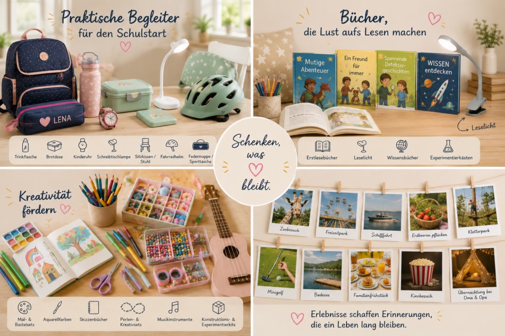 Collage mit verschiedenen Geschenkideen zur Einschulung. Zu sehen sind praktische Schulbegleiter wie Schulranzen, Trinkflasche, Brotdose, Federmäppchen, Kinderuhr, Fahrradhelm und Schreibtischlampe sowie Erstlesebücher, ein Leselicht, Kreativmaterialien und Fotos von gemeinsamen Familienerlebnissen wie Zoobesuch, Minigolf oder Erdbeeren pflücken.