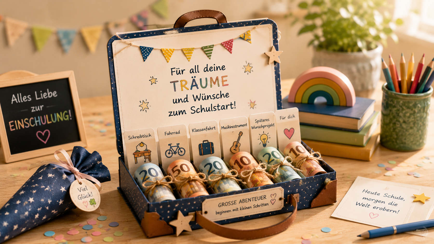 Kreativ gestaltetes Geldgeschenk zur Einschulung in Form eines dekorativen Koffers. Im Inneren sind zusammengerollte Geldscheine verschiedenen Sparzielen wie Schreibtisch, Fahrrad, Klassenfahrt oder Musikinstrument zugeordnet. Umgeben wird das Geschenk von einer Schultüte, bunten Stiften, Büchern und liebevoller Schuldekoration.