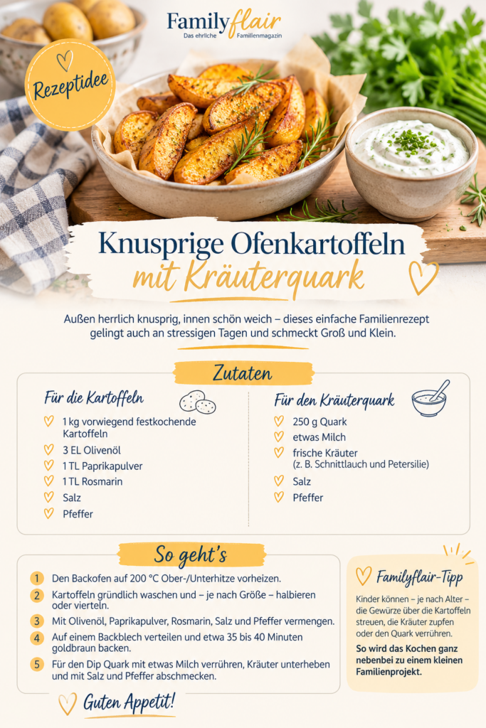 Illustration einer Schüssel mit knusprigen Ofenkartoffeln und einer Schale Kräuterquark auf einem Holztisch. Die Familyflair-Rezeptgrafik enthält Zutatenliste, Zubereitungsschritte sowie einen Tipp zum gemeinsamen Kochen mit Kindern.