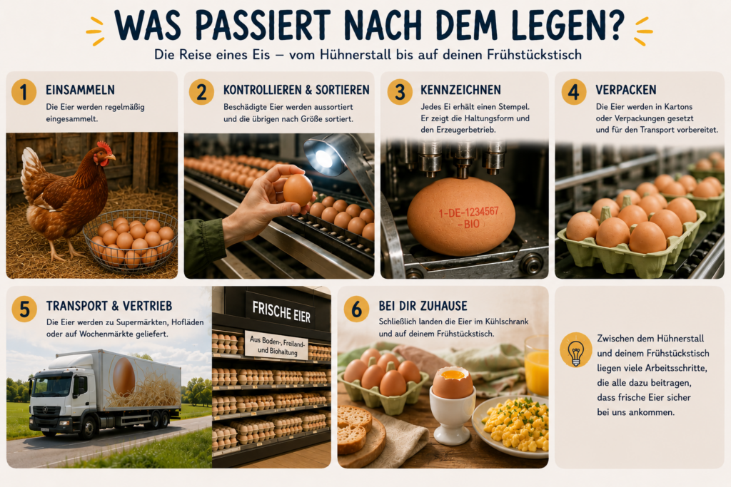 Infografik zur Prozesskette eines Eis – vom Hühnerstall bis zum Frühstückstisch. In sechs Schritten wird gezeigt, wie Eier nach dem Legen eingesammelt, kontrolliert und sortiert, mit einem Herkunftsstempel versehen, verpackt, zum Handel transportiert und schließlich zu Hause verzehrt werden. Fotos und kurze Erklärungen veranschaulichen jeden einzelnen Arbeitsschritt.