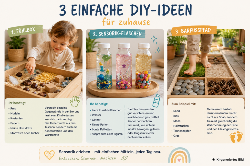Infografik mit drei einfachen DIY-Ideen zur Förderung der Sensorik bei Kleinkindern. Zu sehen sind eine Fühlbox mit Naturmaterialien, bunte Sensorik-Flaschen mit Wasser, Glitzer und Perlen sowie ein Barfußpfad aus Sand, Kies, Gras und Tannenzapfen. Die Gestaltung zeigt anschaulich, wie Kinder ihre Sinne spielerisch zuhause entdecken können. Rechts unten befindet sich der Hinweis „KI-generiertes Bild“.