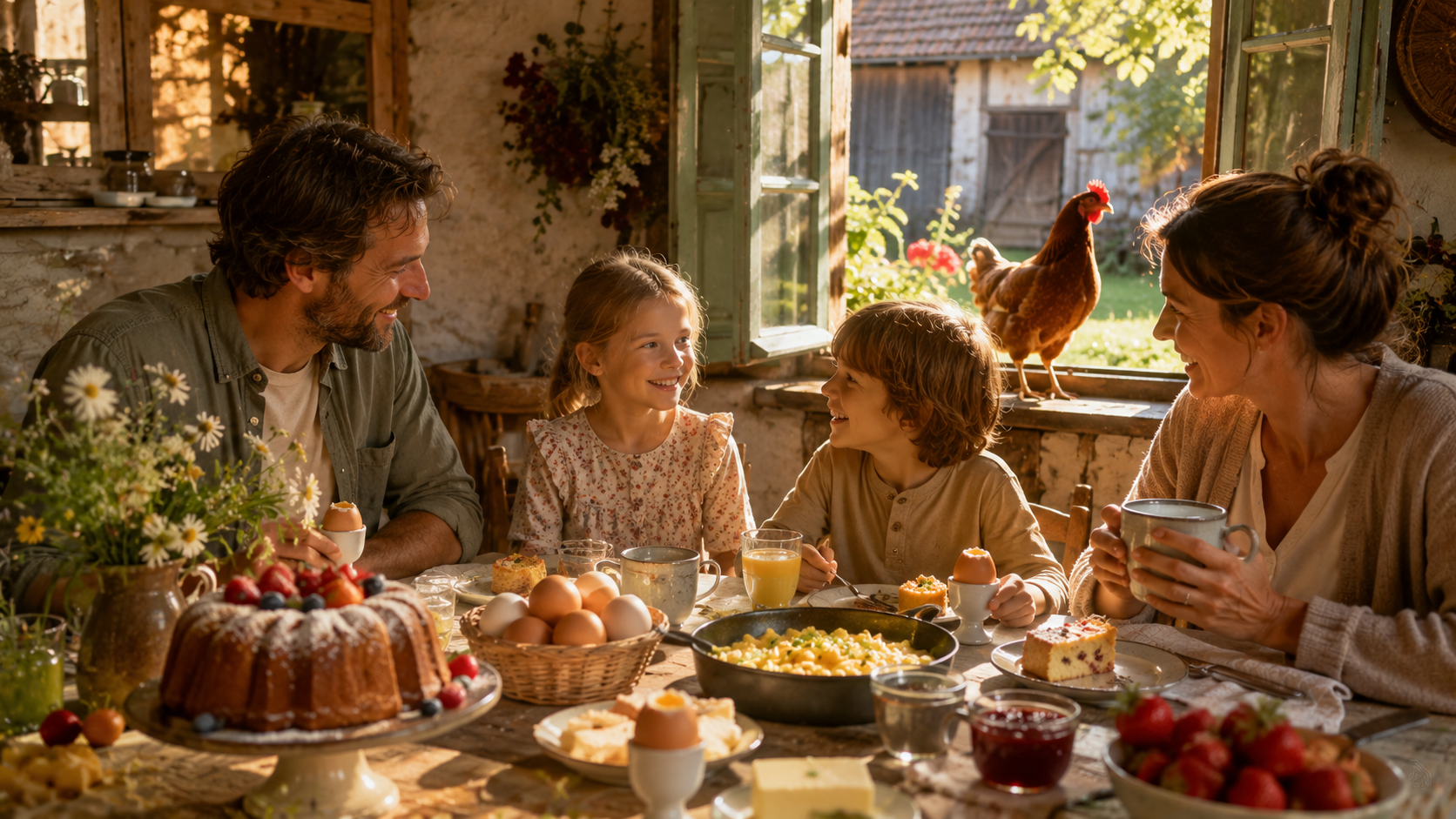 Eine fröhliche Familie sitzt an einem rustikalen Frühstückstisch auf einem idyllischen Bauernhof. Auf dem Tisch stehen Frühstückseier, eine Pfanne mit Rührei und ein selbst gebackener Kuchen. Durch das geöffnete Sprossenfenster blickt ein Huhn ins gemütliche Bauernhaus und sorgt für eine besondere Landhausatmosphäre.