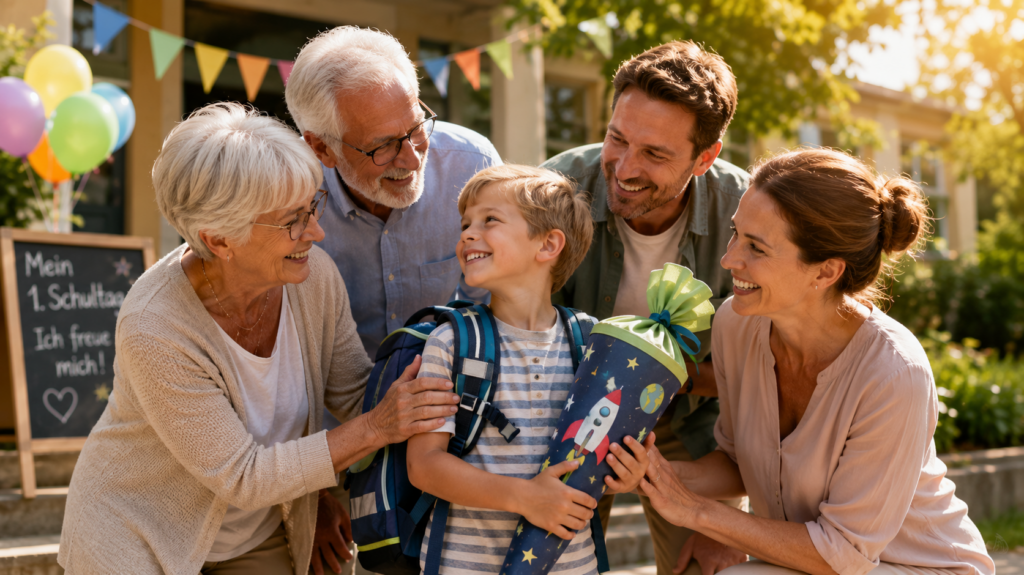 Fröhliche Familie mit Eltern sowie Oma und Opa am Tag der Einschulung. Das Schulkind trägt einen Schulranzen auf dem Rücken und hält stolz eine bunte Schultüte in den Händen. Gemeinsam stehen sie vor der Schule und feiern den besonderen Start in den neuen Lebensabschnitt.

Bildunterschrift:
