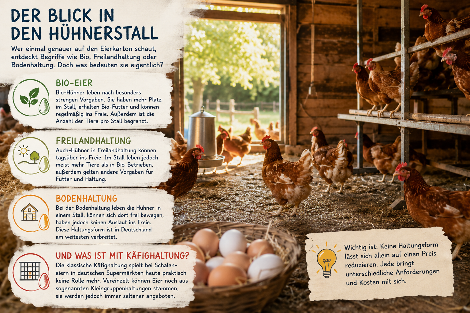 Blick in einen modernen Hühnerstall mit frei laufenden Legehennen auf eingestreutem Boden. Einige Hühner sitzen auf erhöhten Sitzstangen, andere scharren auf dem Boden oder bewegen sich durch den Stall. Die Infografik erklärt anschaulich die Unterschiede zwischen Bio-, Freiland- und Bodenhaltung sowie den Hinweis, dass Käfighaltung für Schaleneier in Deutschland heute kaum noch eine Rolle spielt.