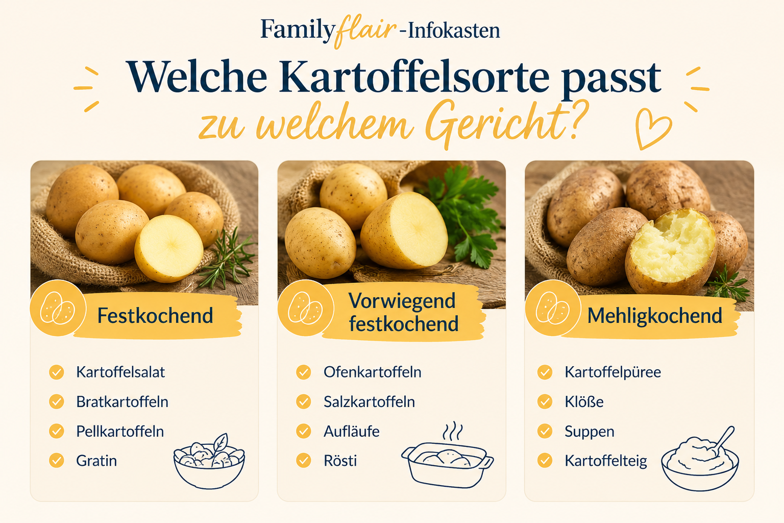 Infografik im Familyflair-Design mit dem Titel „Welche Kartoffelsorte passt zu welchem Gericht?“. Die Grafik vergleicht festkochende, vorwiegend festkochende und mehligkochende Kartoffeln und zeigt anhand von Beispielen, welche Sorte sich für Gerichte wie Kartoffelsalat, Ofenkartoffeln oder Kartoffelpüree am besten eignet.