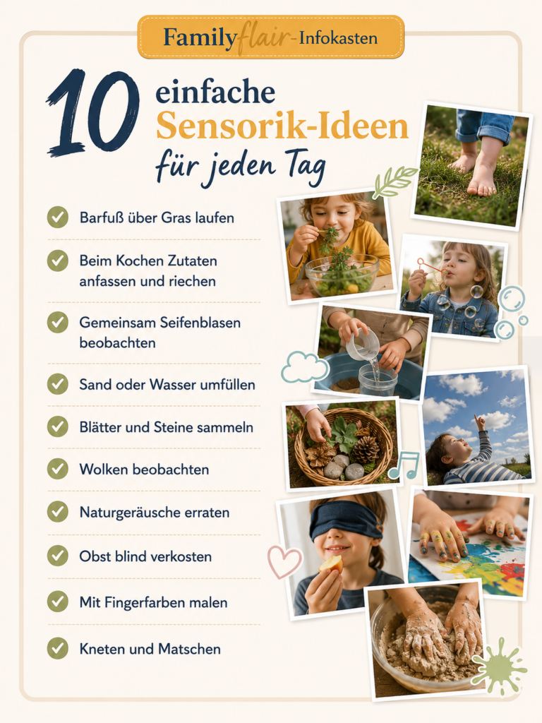 Infografik mit dem Titel „10 einfache Sensorik-Ideen für jeden Tag“ im Familyflair-Design. Eine übersichtliche Checkliste zeigt alltagsnahe Ideen wie barfuß über Gras laufen, Zutaten beim Kochen anfassen und riechen, Seifenblasen beobachten, Sand oder Wasser umfüllen, Blätter und Steine sammeln, Wolken beobachten, Naturgeräusche erraten, Obst blind verkosten, mit Fingerfarben malen sowie kneten und matschen. Daneben veranschaulichen mehrere Bildmotive spielende Kinder die einzelnen Aktivitäten. Rechts unten befindet sich der Hinweis „KI-generiertes Bild“.