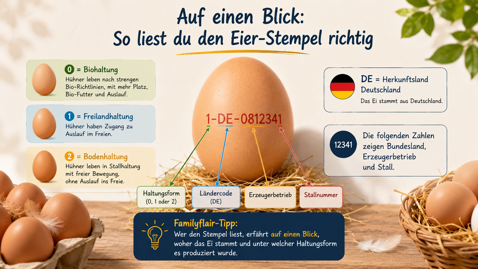 Infografik zum Eierstempel mit einem gestempelten Ei in der Mitte. Die Grafik erklärt verständlich die Bedeutung der Kennzeichnung: 0 für Biohaltung, 1 für Freilandhaltung, 2 für Bodenhaltung sowie den Ländercode „DE“ und die Betriebsnummer. Pfeile und Symbole veranschaulichen den Aufbau des Stempels.