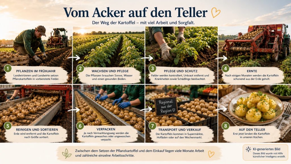 Infografik im Familyflair-Stil mit dem Titel „Vom Acker auf den Teller“. In acht bebilderten Schritten zeigt die Grafik den Weg der Kartoffel – vom Pflanzen im Frühjahr über Wachstum, Pflege, Ernte, Sortierung und Verpackung bis zum Verkauf und der Zubereitung auf dem Teller. Unten rechts befindet sich der Hinweis „KI-generiertes Bild“.