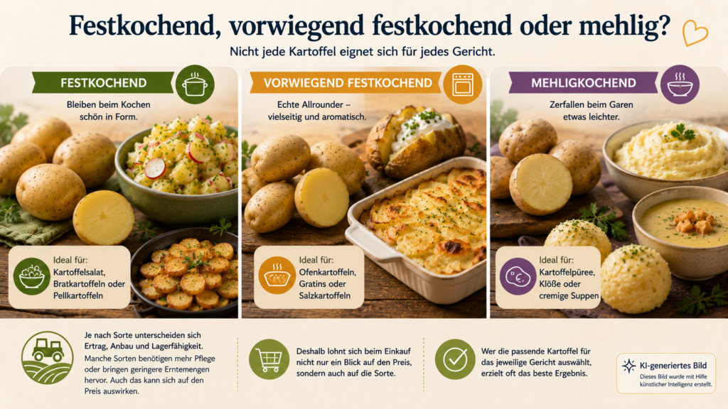 Infografik im Familyflair-Stil mit dem Titel „Festkochend, vorwiegend festkochend oder mehlig?“. Die Grafik vergleicht die drei wichtigsten Kartoffeltypen und zeigt anhand von Fotos und Beispielen, welche Sorten sich für Gerichte wie Kartoffelsalat, Ofenkartoffeln, Gratin, Kartoffelpüree, Klöße oder Suppen eignen. Unten rechts befindet sich der Hinweis „KI-generiertes Bild“.