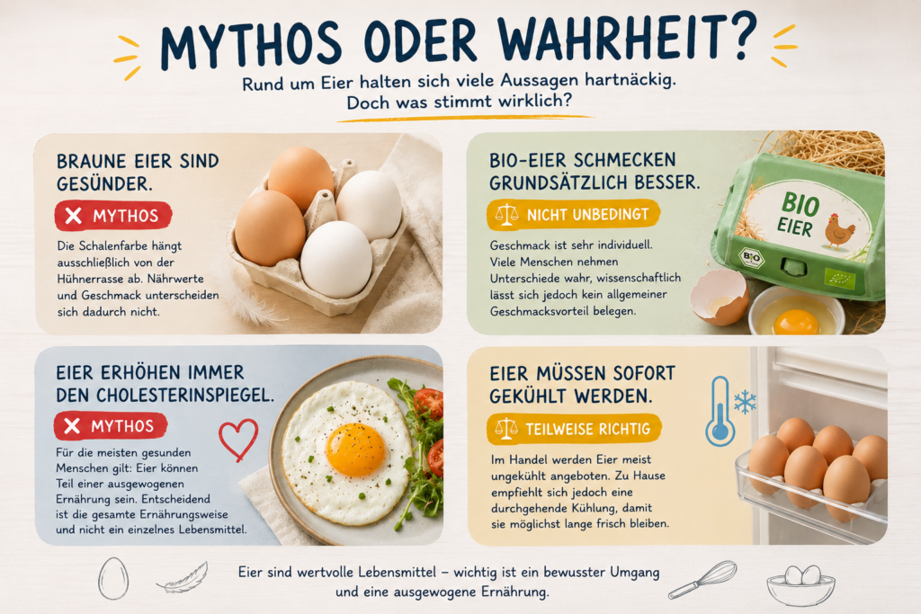 Infografik mit dem Titel „Mythos oder Wahrheit?“ rund um Eier. Die Grafik erklärt anschaulich vier verbreitete Aussagen: ob braune Eier gesünder sind, Bio-Eier grundsätzlich besser schmecken, Eier immer den Cholesterinspiegel erhöhen und ob Eier sofort gekühlt werden müssen. Fotos von braunen und weißen Eiern, Bio-Eiern, einem Spiegelei und Eiern im Kühlschrank veranschaulichen die Informationen.
