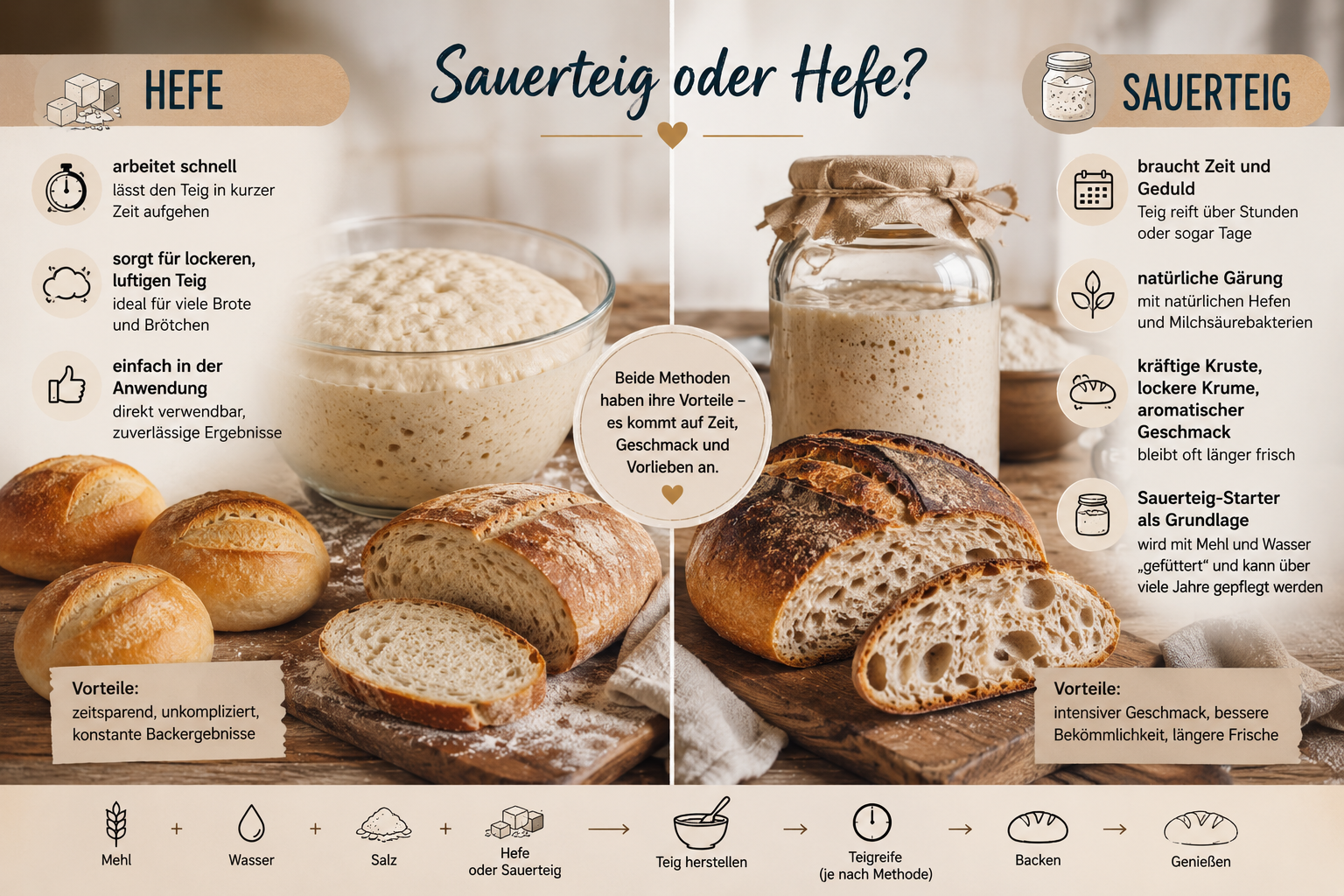 Infografik zum Vergleich von Hefe und Sauerteig bei der Brotherstellung. Die linke Seite zeigt Hefeteig und klassische Brote, die rechte Seite einen Sauerteig-Starter im Glas sowie ein rustikales Sauerteigbrot. Ergänzende Symbole und kurze Erklärungen verdeutlichen die Unterschiede bei Herstellungszeit, Gärung, Geschmack und Frische.