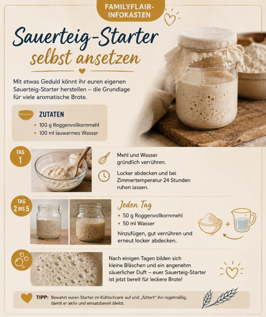 Infografik im Familyflair-Stil zum Ansetzen eines Sauerteig-Starters. Die Grafik zeigt Schritt für Schritt, wie aus Roggenvollkornmehl und Wasser über mehrere Tage ein aktiver Sauerteig entsteht – mit Zutatenliste, täglichen Fütterungsschritten, Bildern eines Sauerteig-Glases mit sichtbaren Bläschen sowie einem praktischen Tipp zur Aufbewahrung im Kühlschrank.
